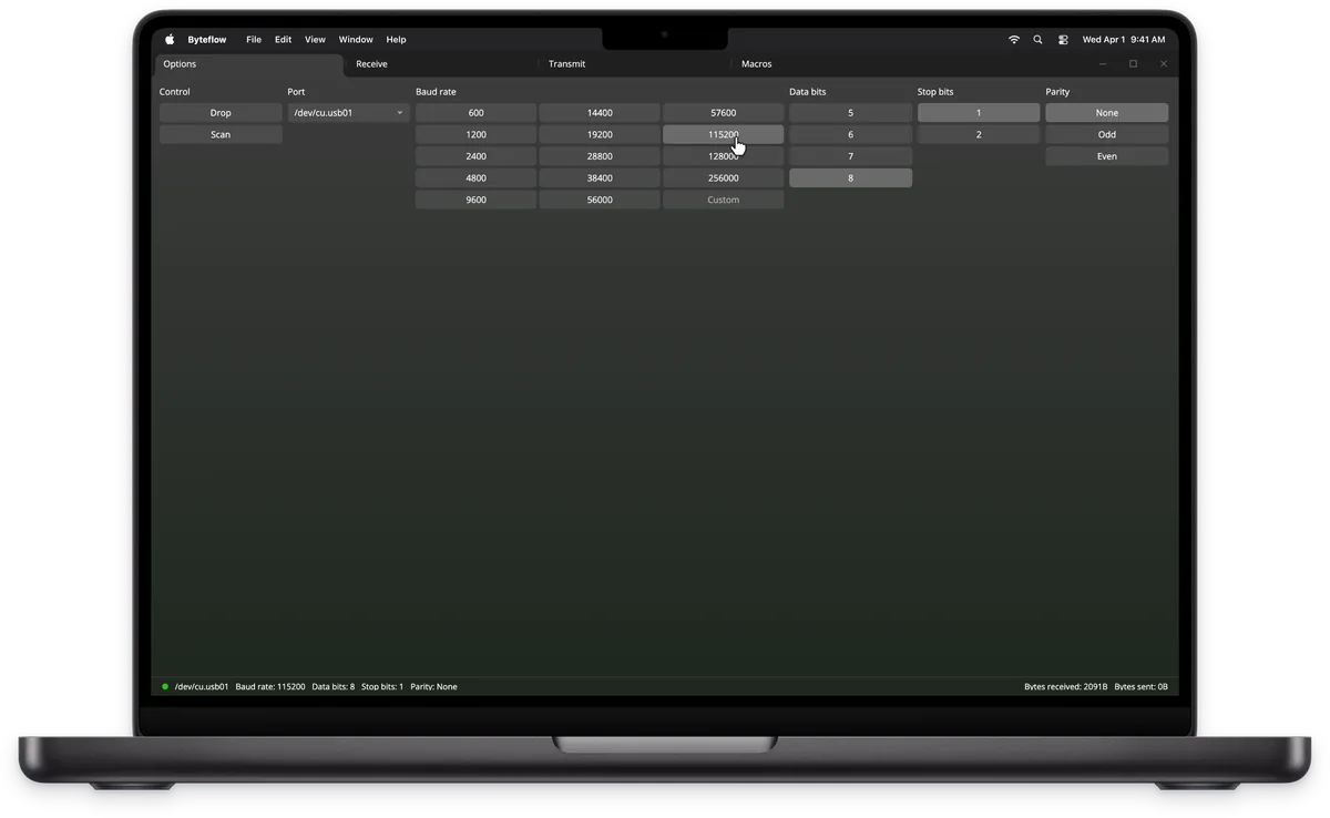 Byteflow: Serial connection configuration, MacBook view