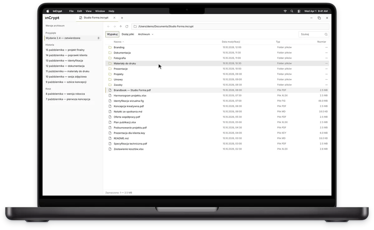 InCrypt: Encrypted archive contents, MacBook view