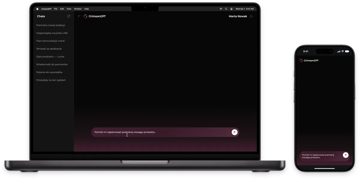 CrimsonGPT: New conversation and chat history, MacBook and iPhone view